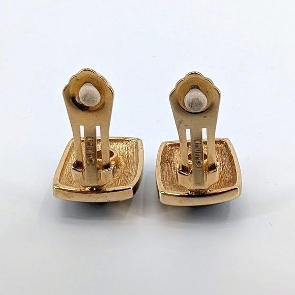 Christian Dior Vintage Navy Blue Rhinestone Wave Gold Tone Clip On Earrings - Picture 6 of 8